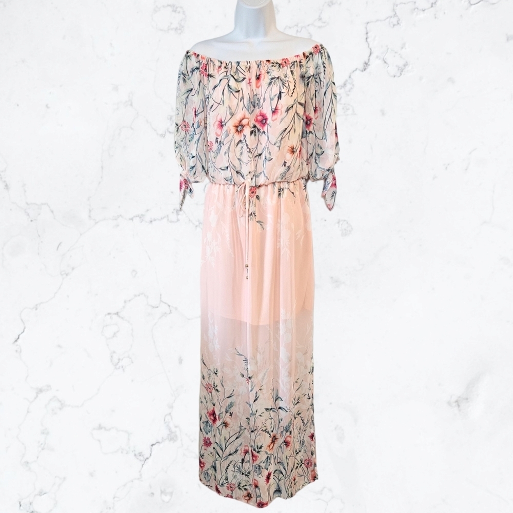 City Studio Pink Floral Off the Shoulder Chiffon Maxi Dress